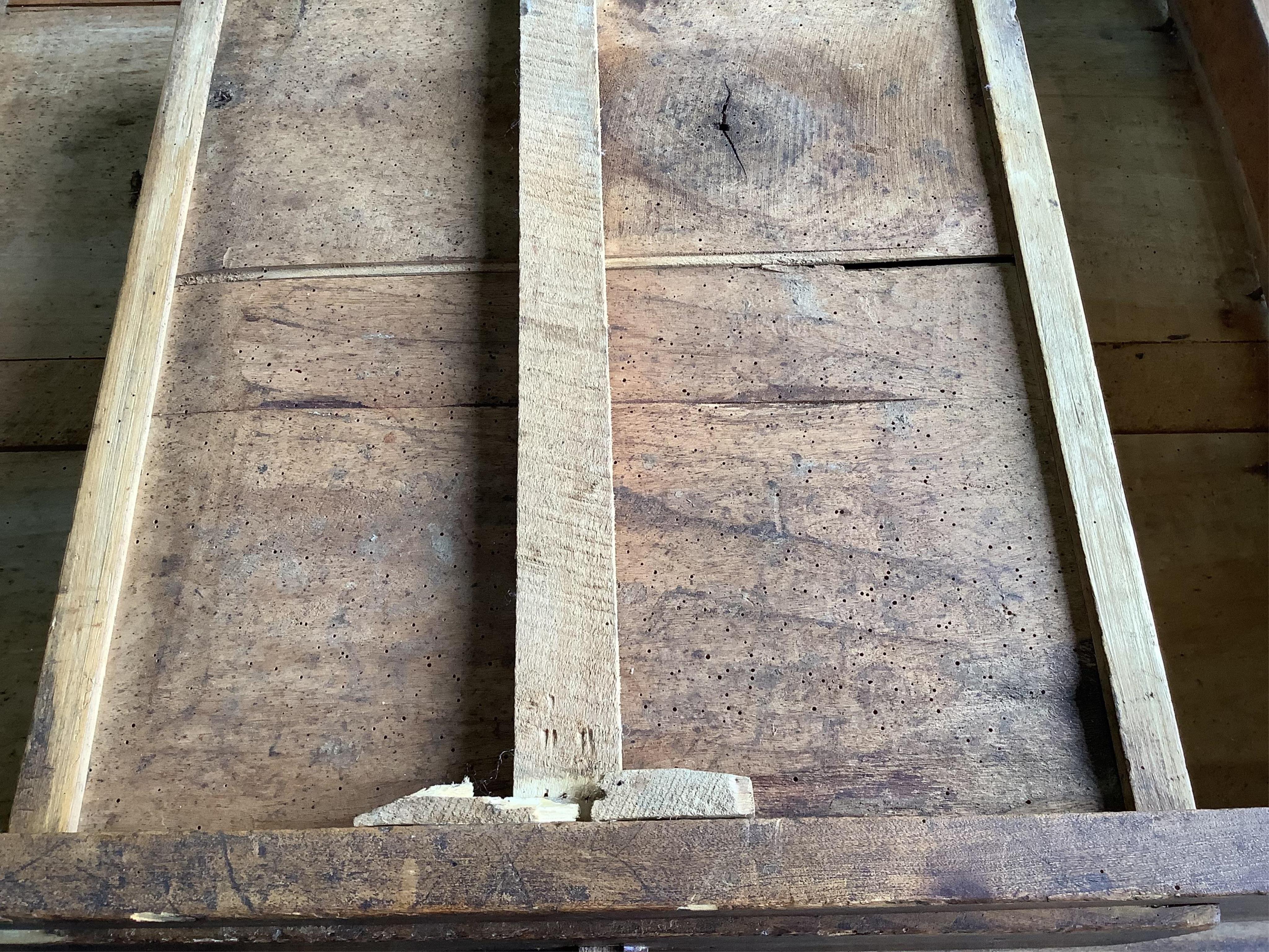 A 19th century French rectangular fruitwood kitchen table, width 200cm, depth 88cm, height 72cm. Condition - fair for age, old worming holes that have been treated